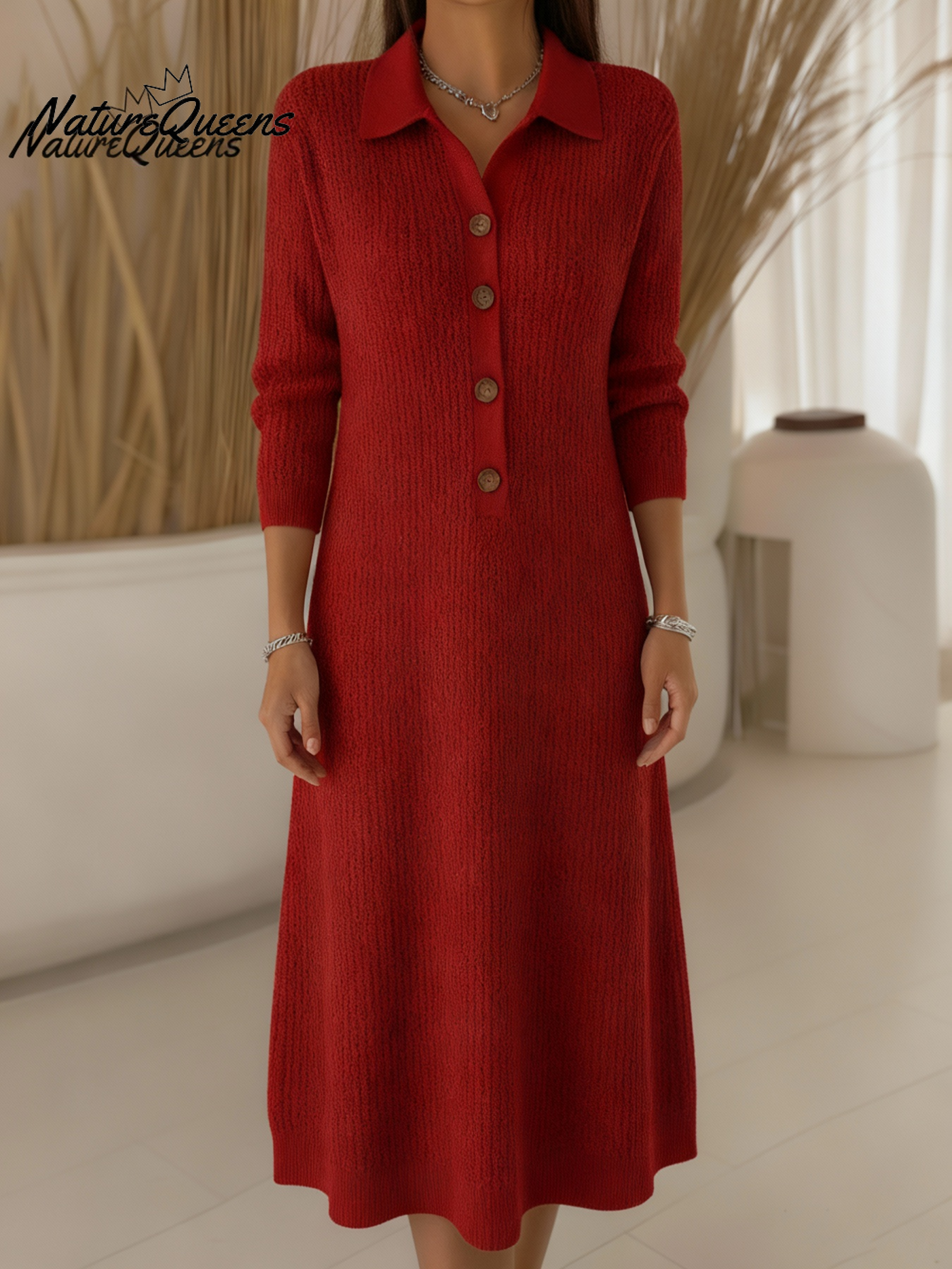 Classic Polo Collar Button Solid Color Knitted Midi Dress