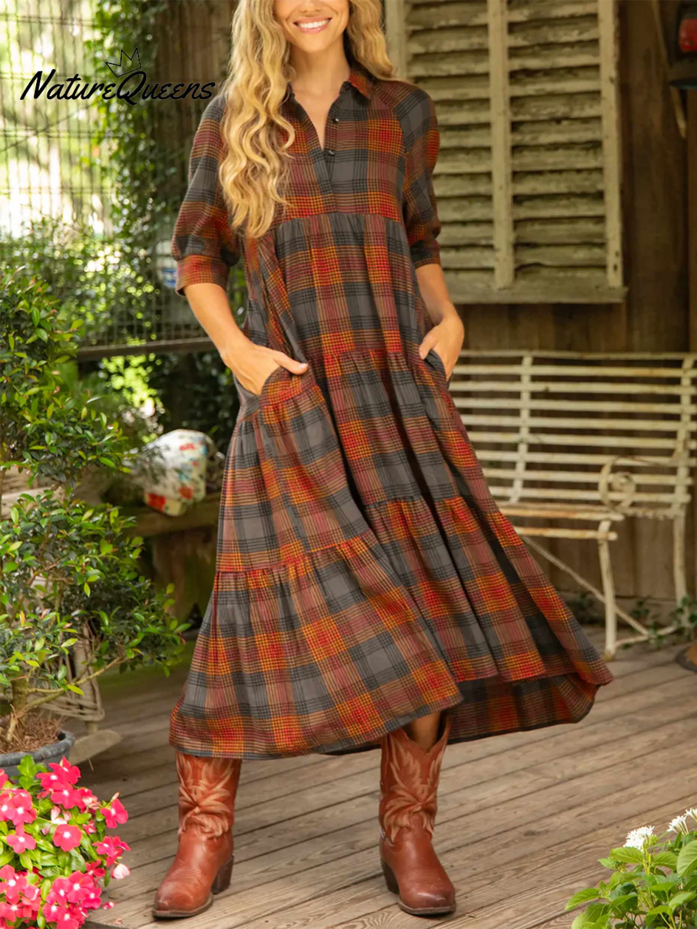 Women's Comfortable Plaid Print Shirt Midi Dress