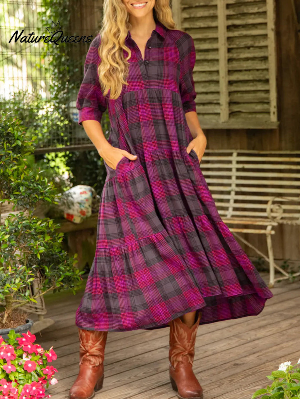 Women's Comfortable Plaid Print Shirt Midi Dress