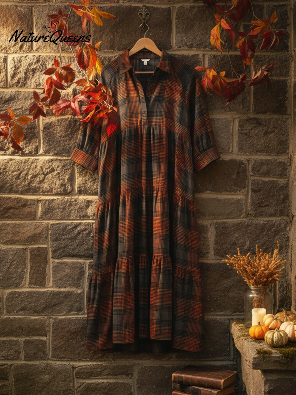 Women's Comfortable Plaid Print Shirt Midi Dress