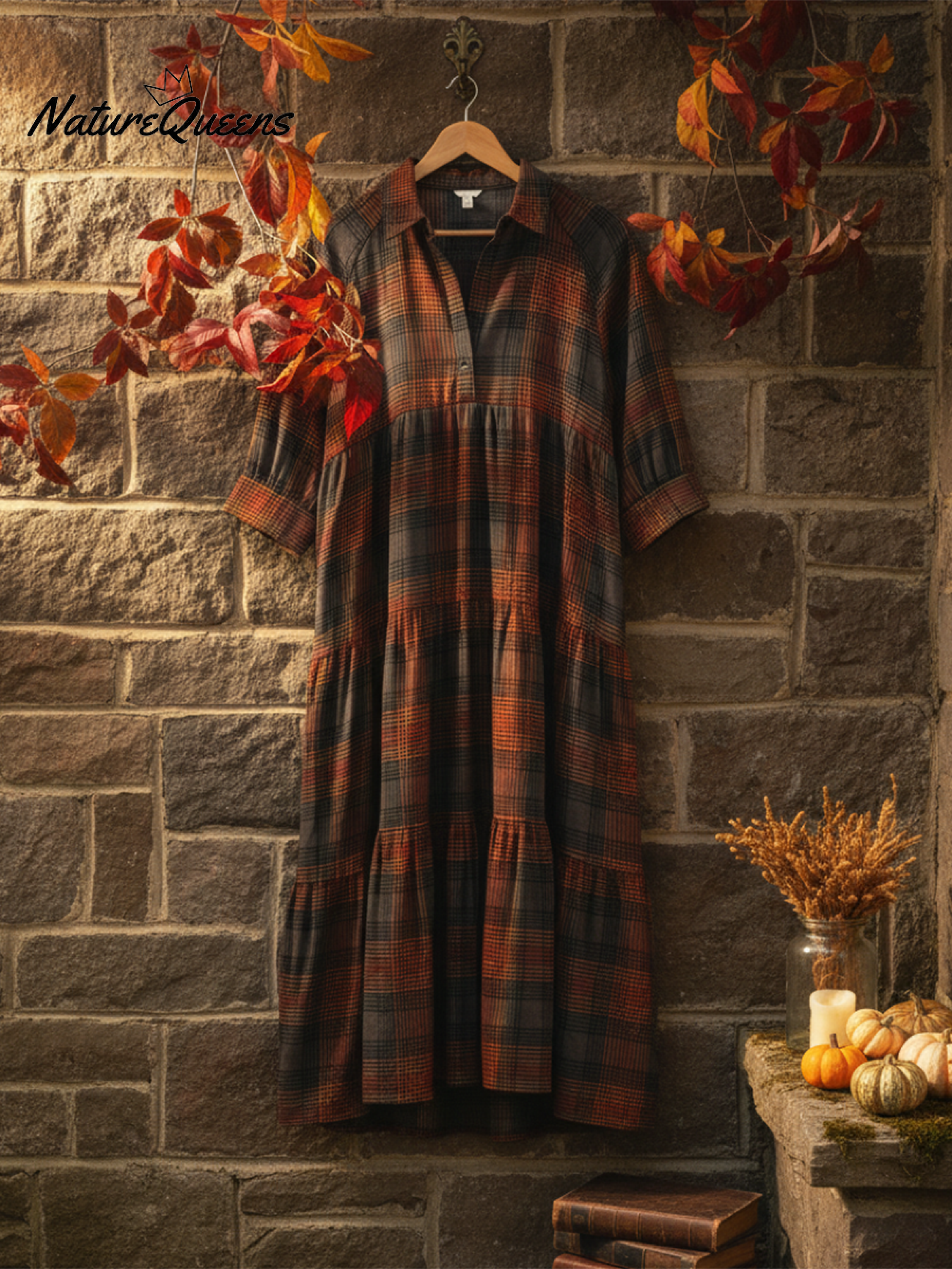 Women's Comfortable Plaid Print Shirt Midi Dress