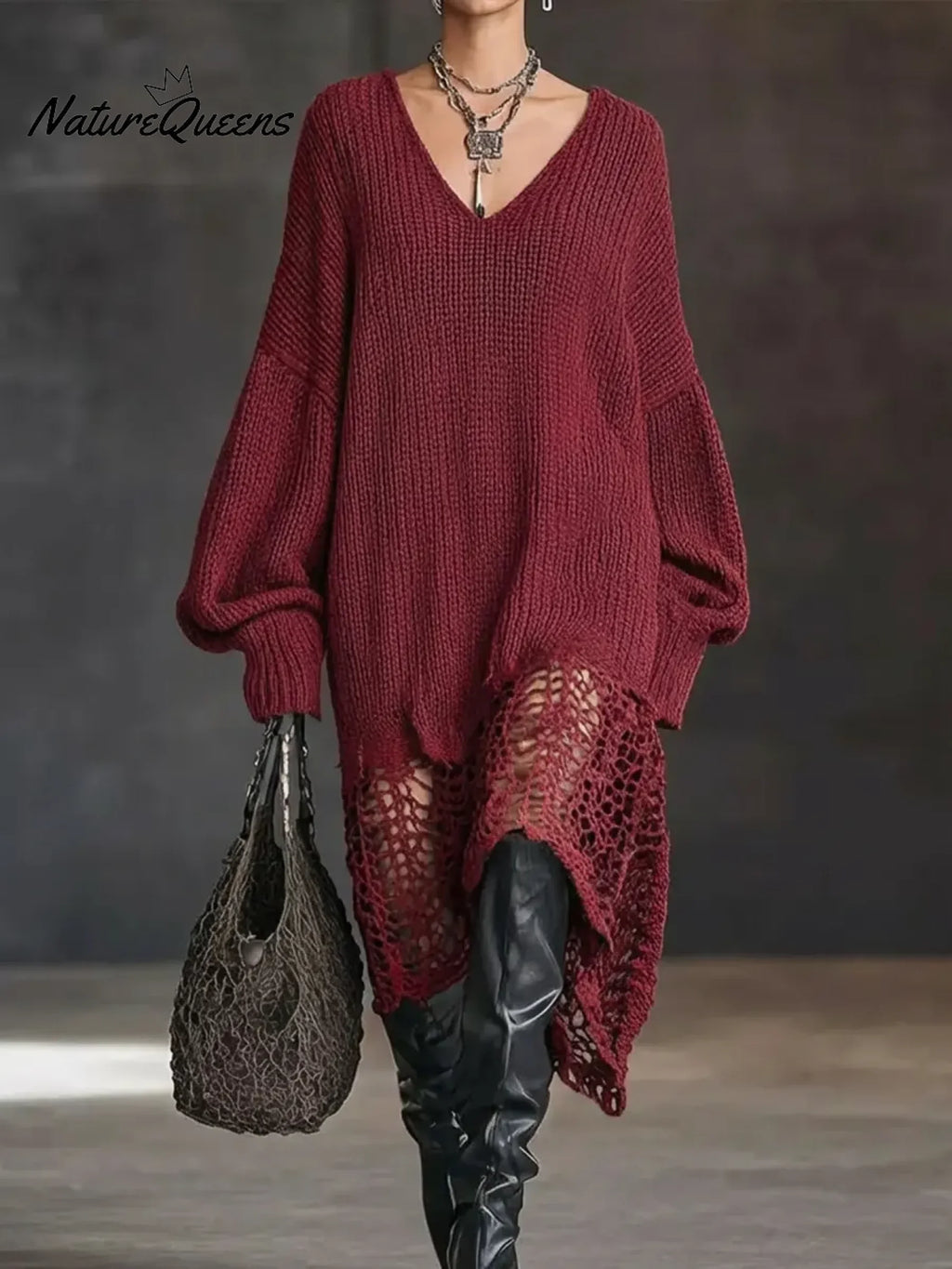 Women's V-neck Sweater Dress With Openwork Hem