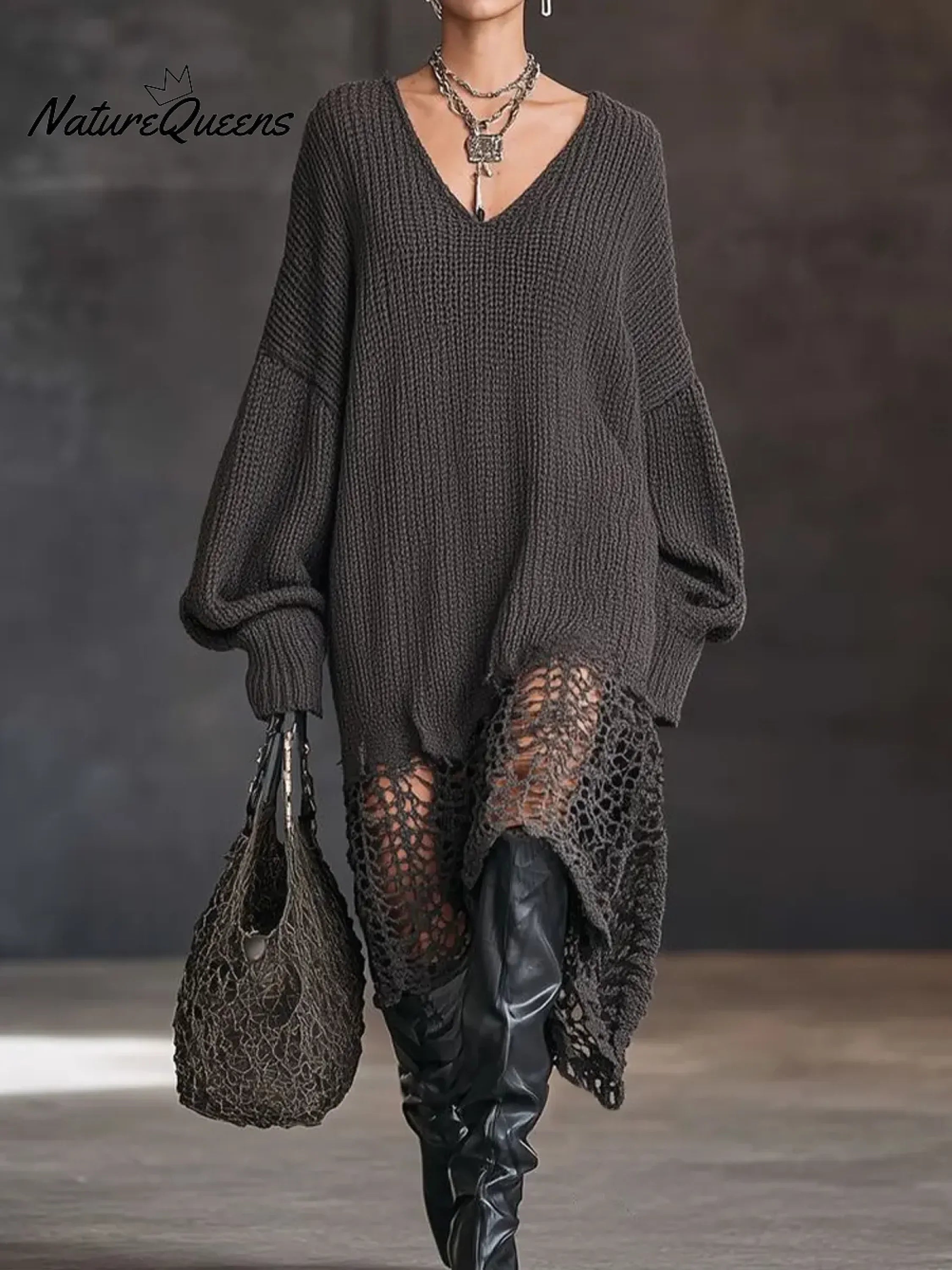 Women's V-neck Sweater Dress With Openwork Hem