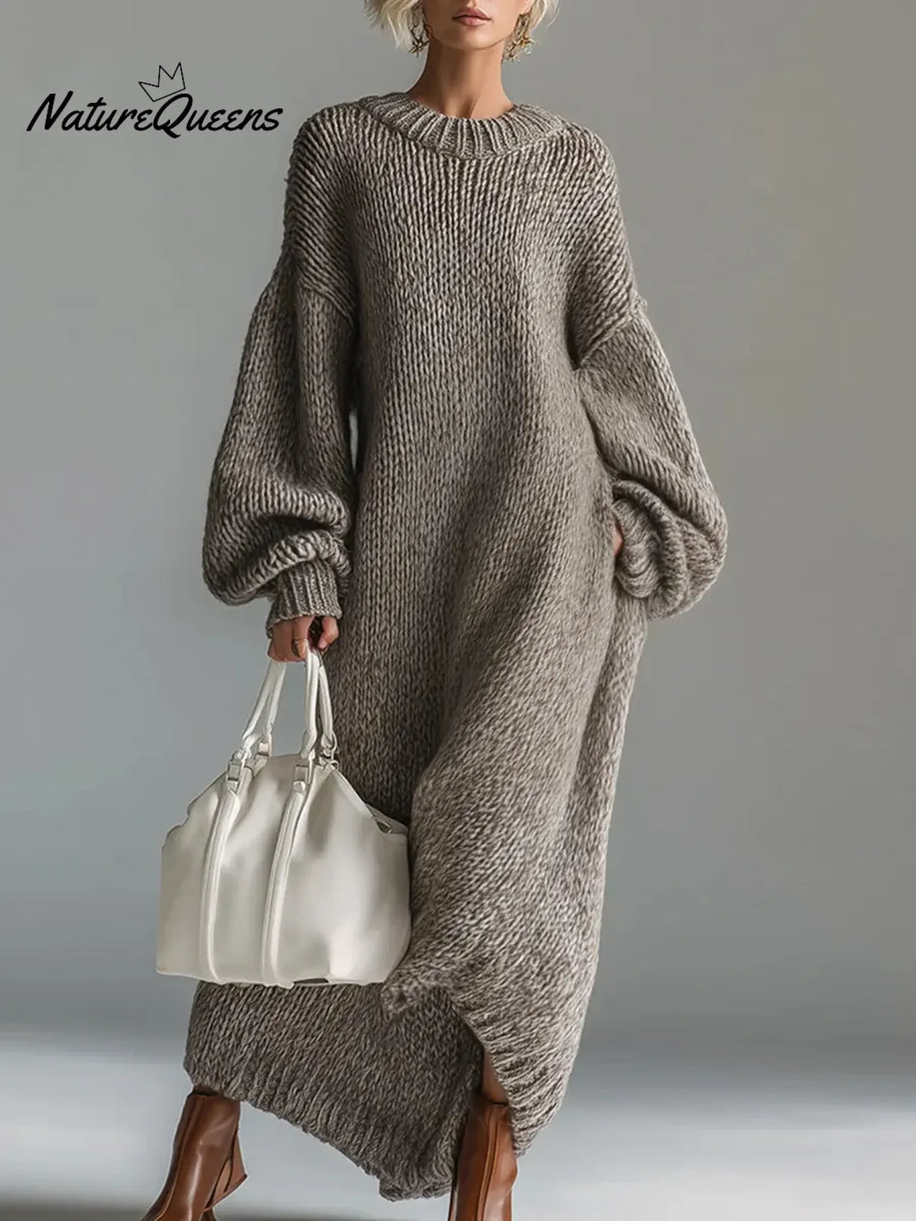 Women's Solid Color Round Neck Long Sleeve Casual Loose Knit Dress