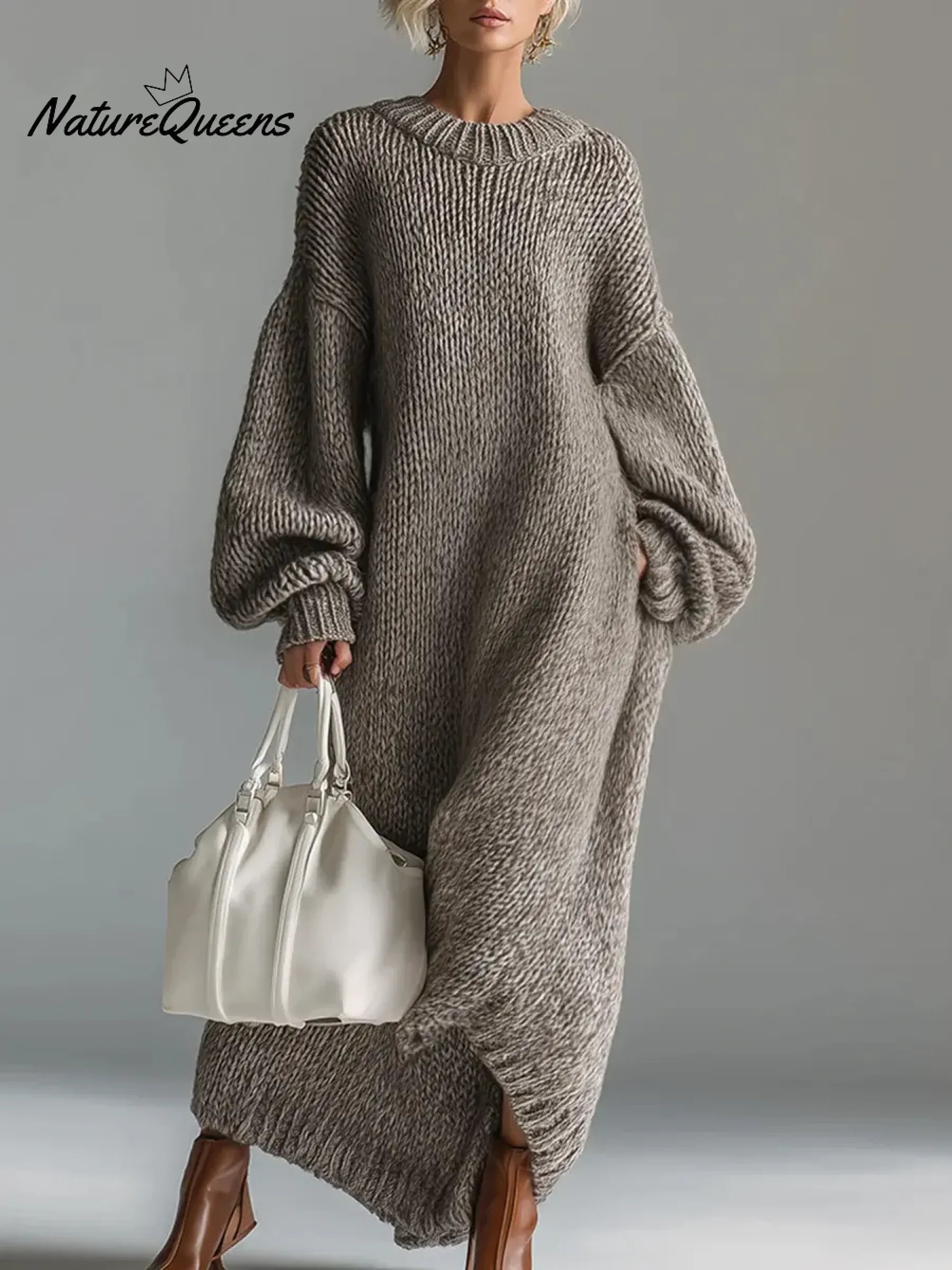 Women's Solid Color Round Neck Long Sleeve Casual Loose Knit Dress