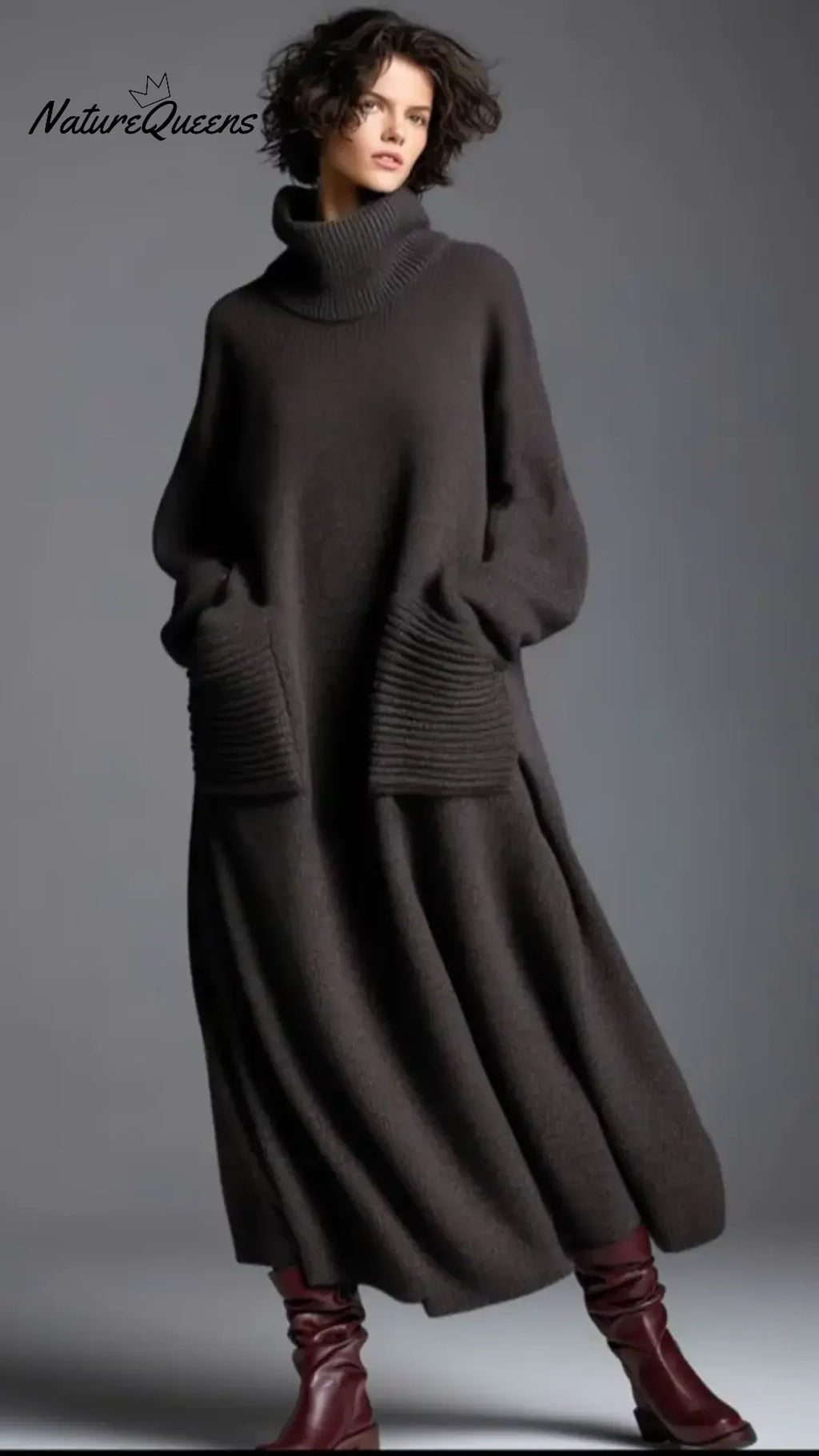 Women's Solid Color High-Neck Long-Sleeve Casual Loose Knit Dress