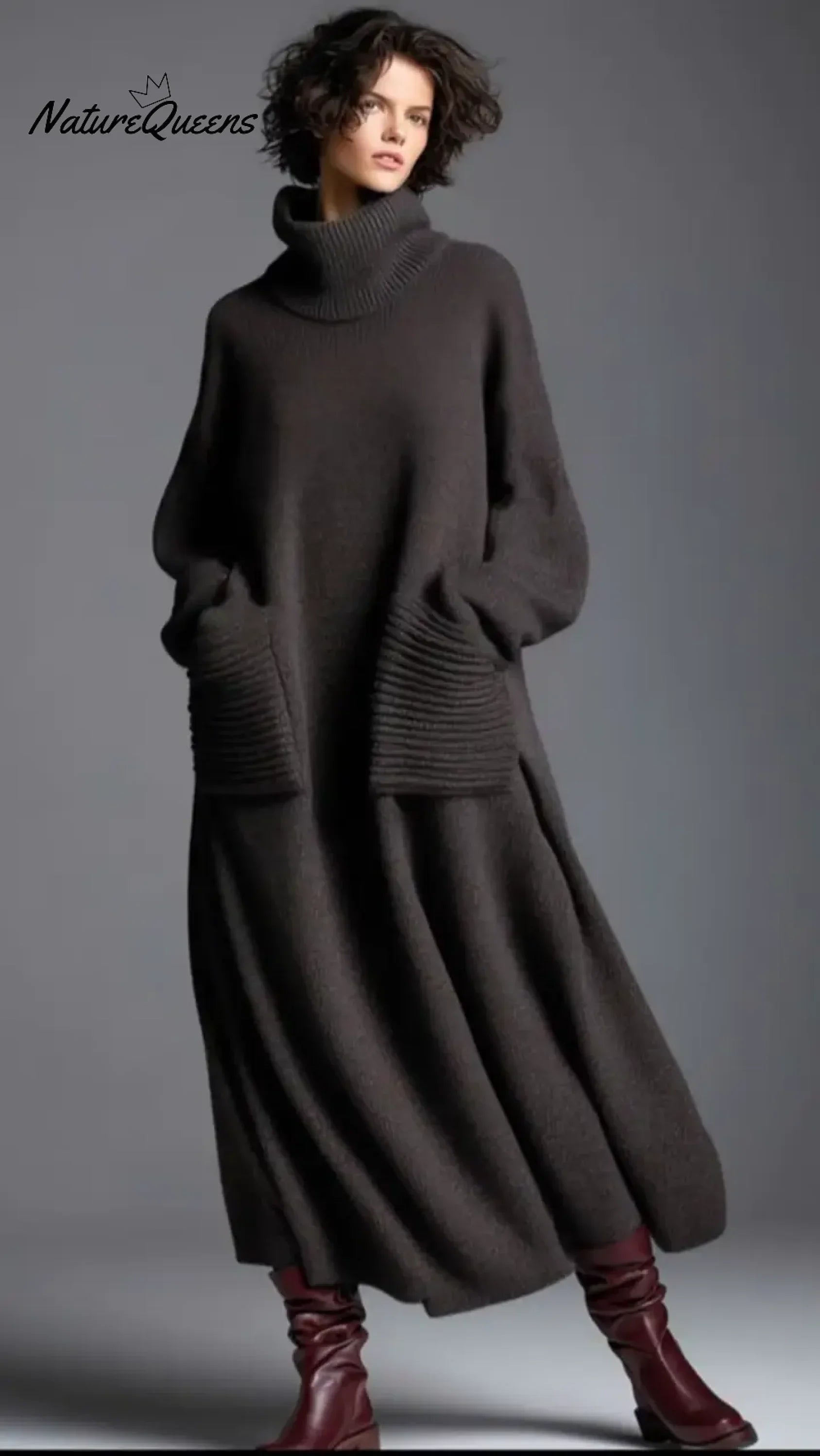 Women's Solid Color High-Neck Long-Sleeve Casual Loose Knit Dress