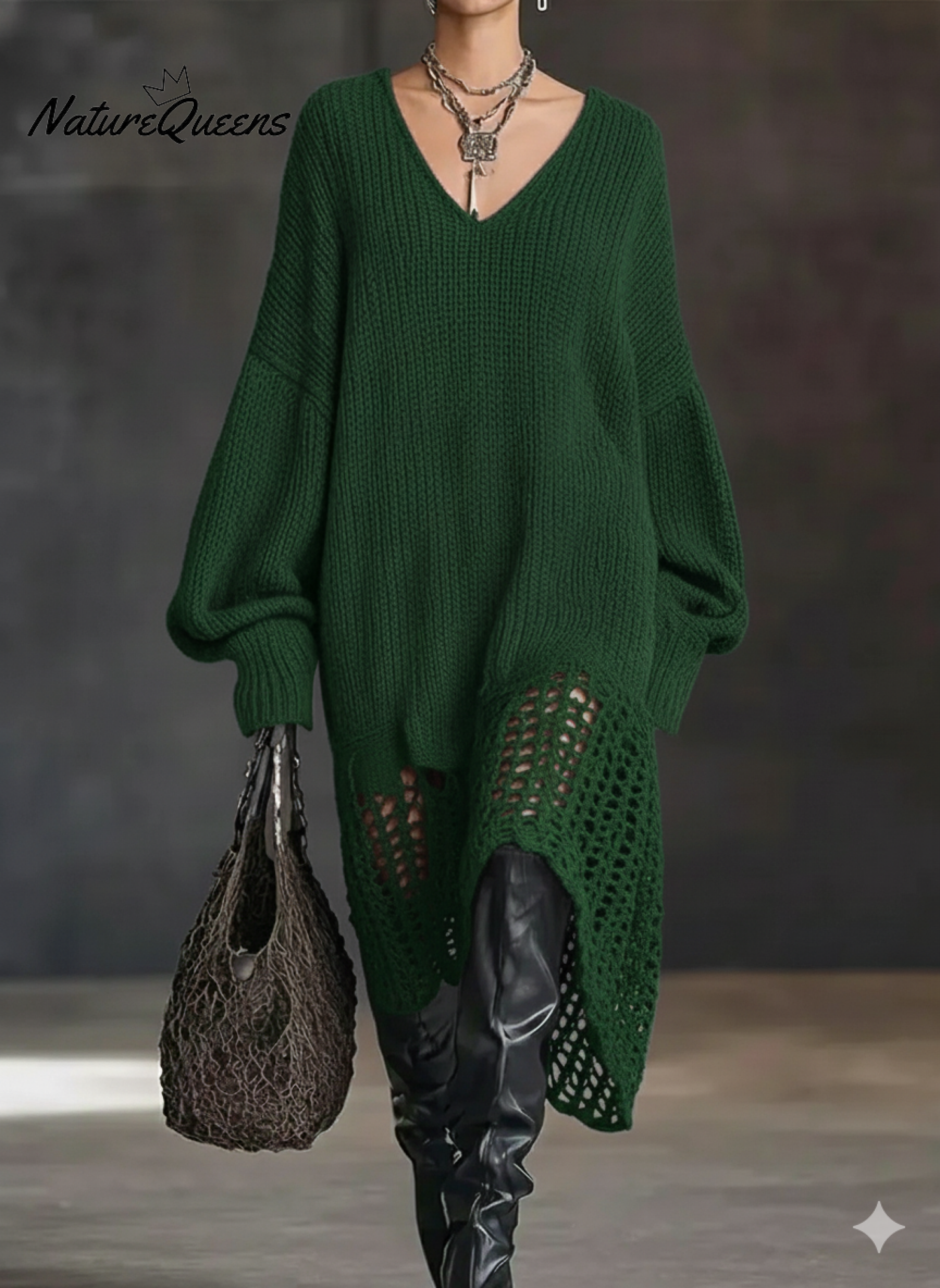 Women's V-neck Sweater Dress With Openwork Hem